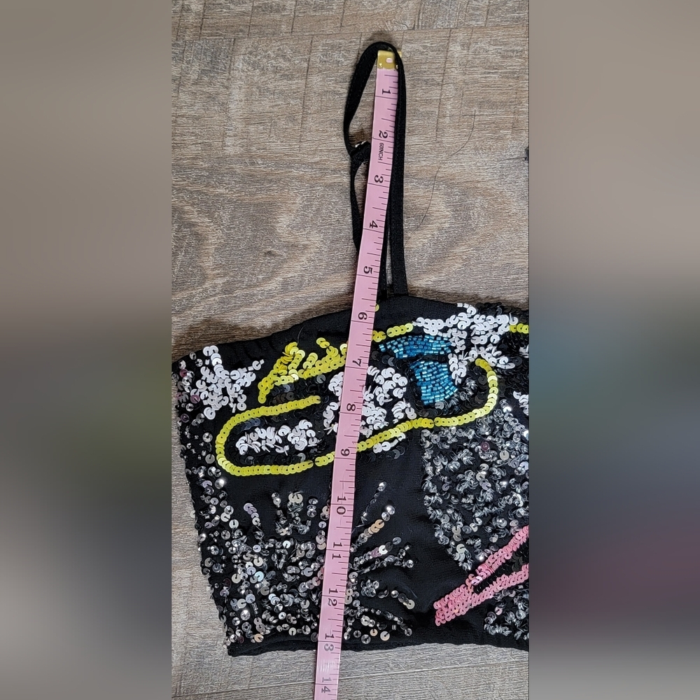 Nasty Gal Black Sequin Crop Top with Multicolor Motifs - Picture 9 of 11